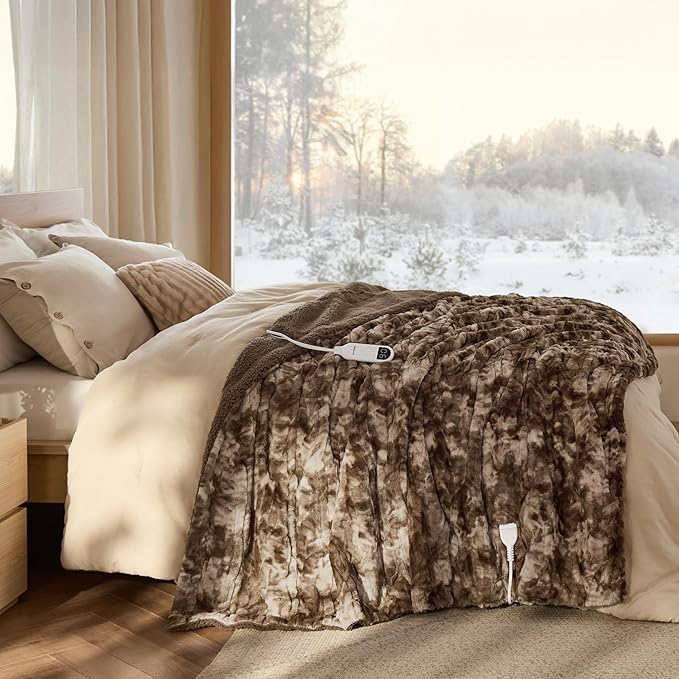 Bedsure Faux Fur Heated Blanket Twin Size, Fast Heating Electric Blanket Twin Size with 6 Heating Levels & 10 Time Settings, Cozy Gifts for Women Men (62x84 inches, Dark Chocolate)