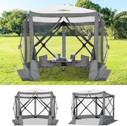 COBIZI 10x10 Pop up Gazebo Screen House Tent for Camping, Pop-up Camping Canopy with Mesh Windows,Portable Outdoor Quick-Set Hub Tent with Carrying Bag&Ground Stakes,Gray(Upgraded 2.0)