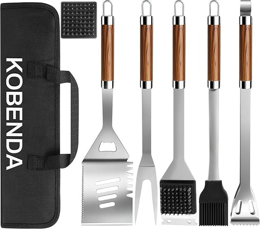 BBQ Grill Tools Set with Storage Bag and Wooden Grain Handles, Spatula, Fork, Cleaning Brush, Complete Barbecue Tool Sets for Outdoor Cooking Camping, Grilling Gifts for Men