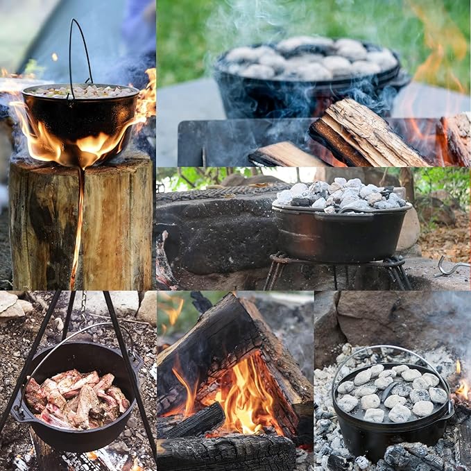 Camping Dutch Oven,12 Qt Pre-Seasoned Camping Cookware Pot with Lid - Lid Lifter, Cast Iron Dutch Oven with Metal Handle for Cooking BBQ Baking Campfire Modern Black