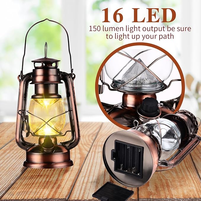4 Pcs LED Vintage Lanterns Battery Operated Warm White Old Hurricane Lantern Antique Metal Hanging LED Lamp with Dimmer Switch for Indoor Table Outdoor Christmas Halloween(Bronze)