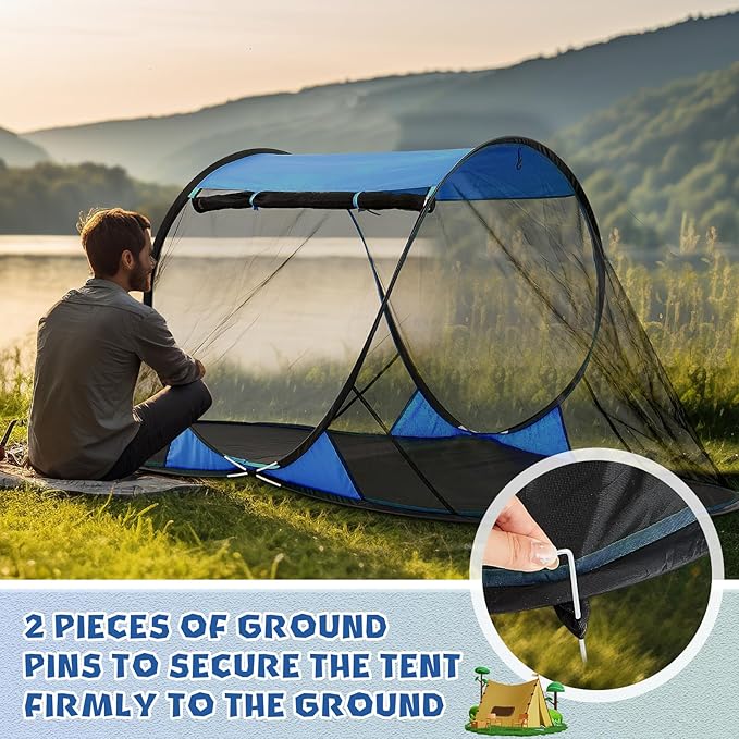 Pop up Mosquito Net Tents for Camping Instant Netting Screen Foldable Pop Tent with Ground Pin Waterproof Freestanding Insect Summer Bed Protection(86.61 x 41.34 x 35.43 inches,Blue,2 Pcs)