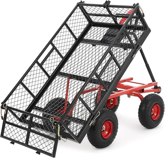 Heavy Duty Steel Garden Dump Cart 880 Lbs Capacity, Metal Garden Wagon with Removable Mesh Sides, Utility Metal Dump Wagon with 180° Rotating Handle, 10-inch All Terrain Wheels & Utility Liner