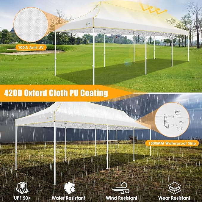 HOTEEL 10x30 Heavy Duty Pop Up Canopy Tent for Parties Event Wedding Commercial Instant Canopy with Wheeled Bag, Party Tent Waterproof UV 50+&Windproof, Upgraded Thick Hexagonal Legs, White
