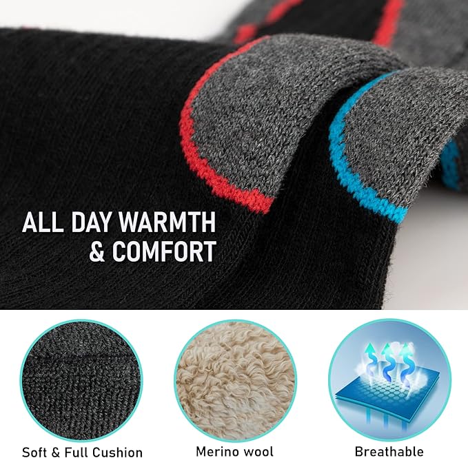 Merino Wool Ski Socks 2 Pairs, Thermal Knee High Warm Socks for Snowboarding, Hiking, Cold Weather, Snow, Hunting