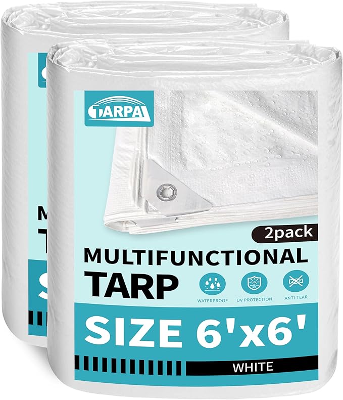 TARPAL 6x6 Feet White Tarp Waterproof (2 Pack) Small tarps Multipurpose Protective Cover All Purpose Poly Tarps Cover for Firewood Outdoor Furniture etc