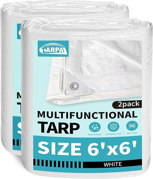 TARPAL 6x6 Feet White Tarp Waterproof (2 Pack) Small tarps Multipurpose Protective Cover All Purpose Poly Tarps Cover for Firewood Outdoor Furniture etc