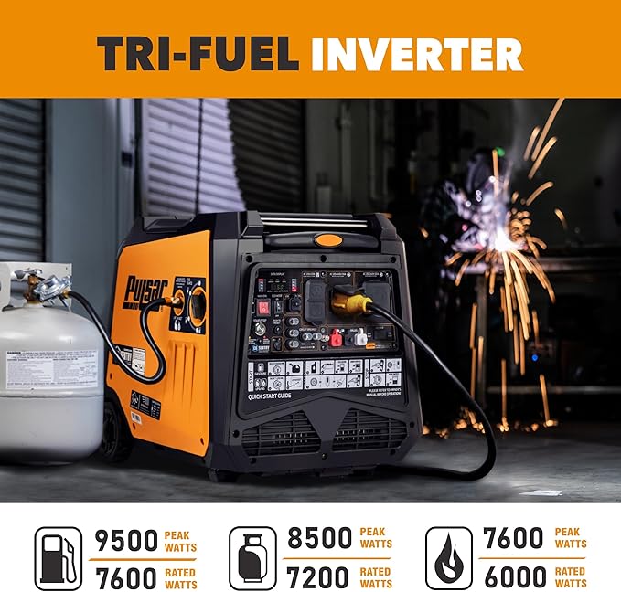 Pulsar 9500 Watt Tri Fuel Portable Inverter Generator, Remote Electric Start, CO Sensor, Parallel Capable, Super Quiet, Use for RV, Camping, Outdoor & Home, Gasoline, Propane, Natural Gas, NED95TiSRCO