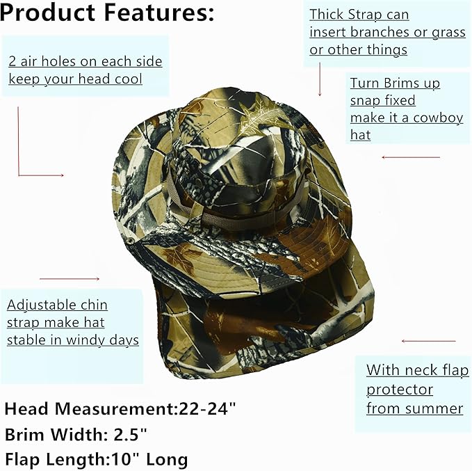 Glory Max Bucket Boonie Hat with Neck Flap Cover Sun Safari Wide Brim Fishing Garden Hiking Cap