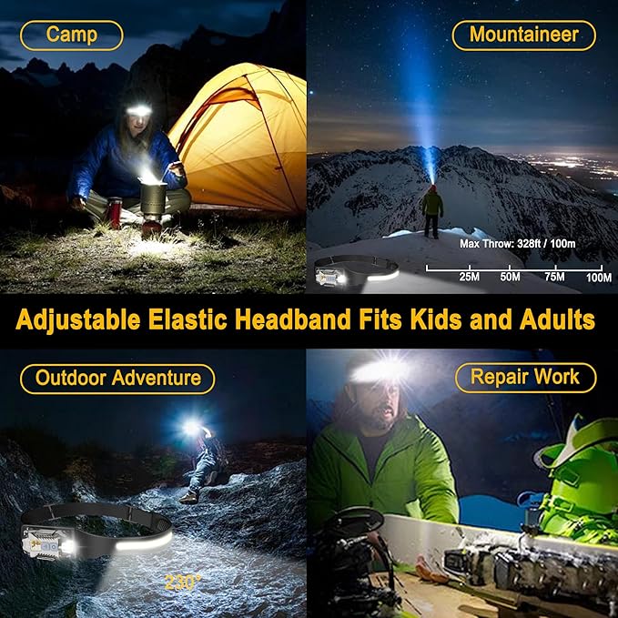 Head Lamp Led Rechargeable, 230° Wide Beam Sensing COB Headlamp Flashlight Detachable, 9 Light Modes, Hard Hat Lamp, IP65 Waterproof 400 Lumens for Camping, Hiking, Fishing, Working, Gift (Black)