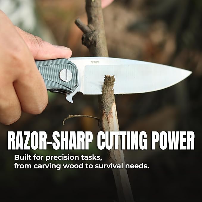 Tactical Folding Knife – 3.78" S90V Steel Blade, EDC Pocket Knife with Liner Lock & Aluminum Handle, Outdoor Knife for Men, Camping, Survival, Everyday Carry