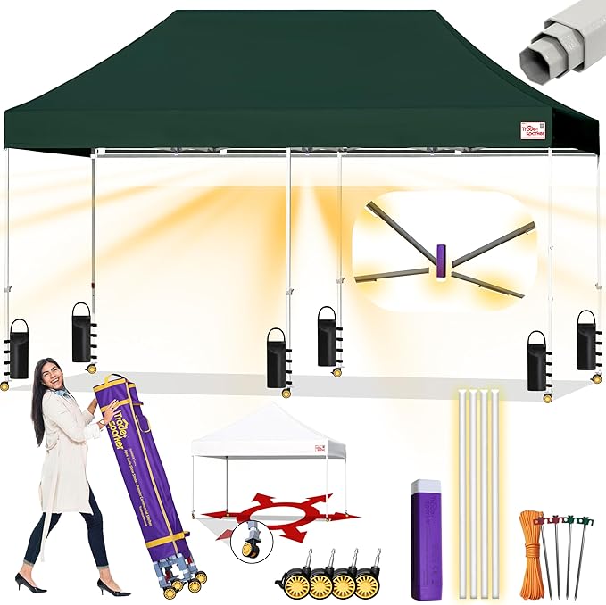 Tradesparker 10x20 Pop Up Canopy Tent,Easy up Commercial Canopy Tent Instant Shelter for Beach Events Parties Camping Market,Pop Up Canopies with LED Curtain+Casters+Weight+Stakes,Forest Green