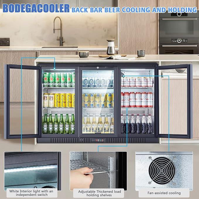 BODEGACOOLER Back Bar Cooler With 3 Glass Doors 11.4 cu.ft, 21 Inch Counter Height Commercial Beverage Refrigerator with LED Lighting,Display Beverage Cooler for Beer,Soda Drinks,Wine