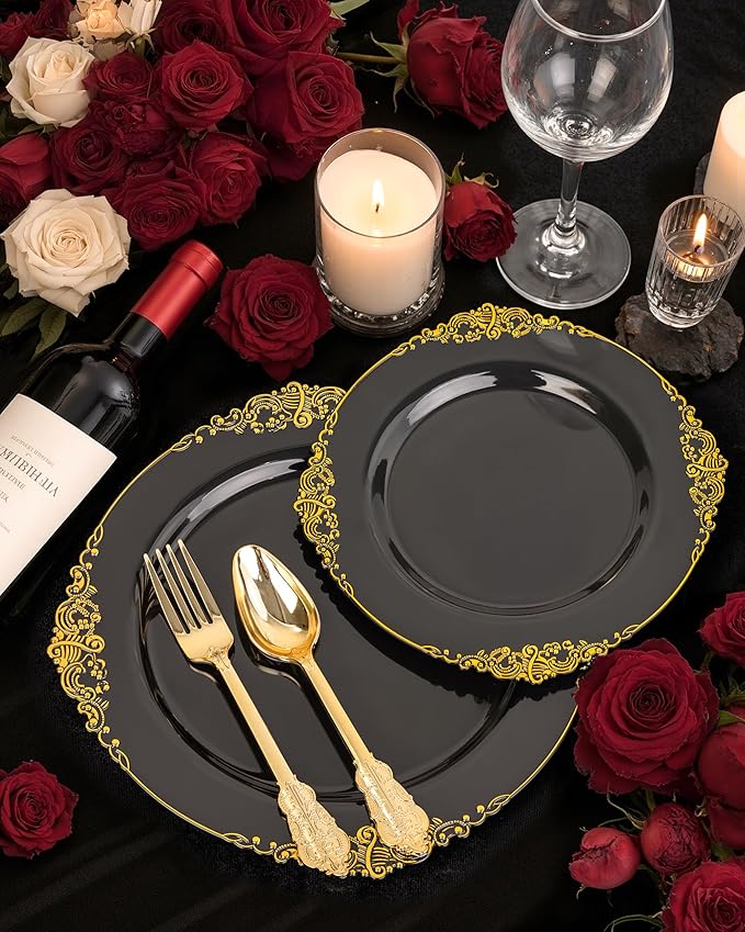 Nervure 100PCS Black and Gold Plastic Plates - 10.25Inch Black Disposable Plates - Black Plastic Dinner Plates for Wedding & Party & Halloween