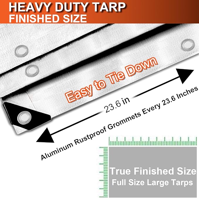 Tarp Waterproof 10x12 Ft Heavy Duty Tarp Thicker 14 Mil Large Tarps with Grommets and Reinforced Edges, UV Resistant Tear&Fade Resistant Plastic Tarp for Outdoor Camping Roof Pool Tent, White