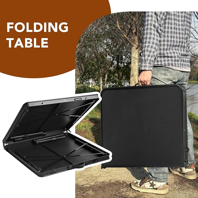 4FT Folding Table, Compact and Portable Camping Table, Adjustable Height Metal Foldable Table for Outdoor Picnic, Garden, Patio, Dining, BBQ, Party, Market (Large, Black), 47.2" x 23.6"