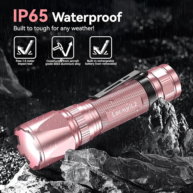 LETMY Rechargeable Flashlights High Lumens, 2 Pack 2000 Lumens Bright LED Tactical Flashlight, 3 Modes Samll Powerful Flash Lights with Clip, Waterproof Flashlights for Home Emergency Camping (Pink)