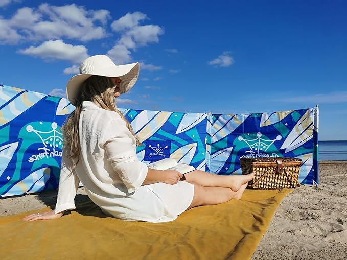 Premium 20 ft Beach Windscreen, Privacy Screen, Wind Blocker Free Rubber Mallet and Carry Bag Included (Surfs Up)