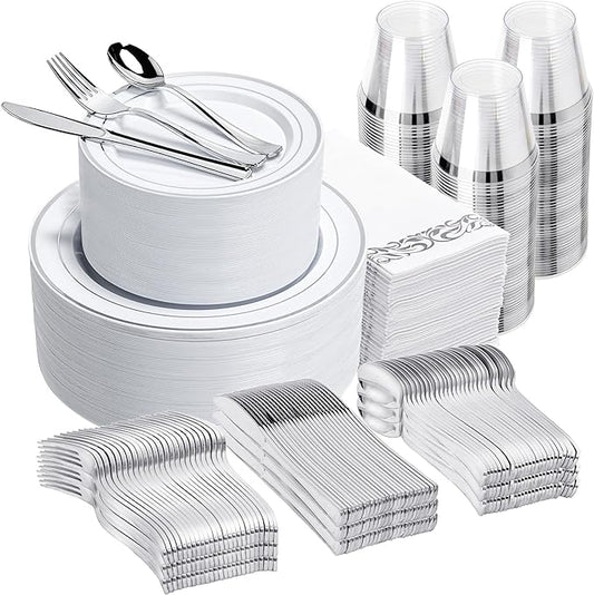 N9R 700PCS Silver Disposable Dinnerware Set for 100 Guests, White Plastic Plates with Silver Rim, Include 100 Dinner & Dessert Plates, Plastic Silverware Set, Cups, Napkins for Party and Wedding