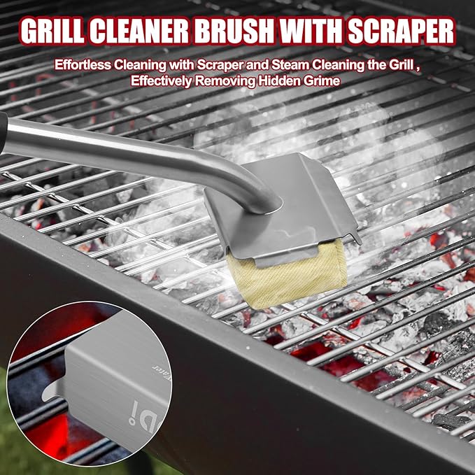 Steam Grill Brush-Grill Brush Bristle Free,Reinforced Grill Cleaner Scraper, Aramid Fiber Twill Pads,Replaceable Head Barbecue Grill Cleaner Brush,Heat-Resistant Twill Pads & Steam Cleaning Tool