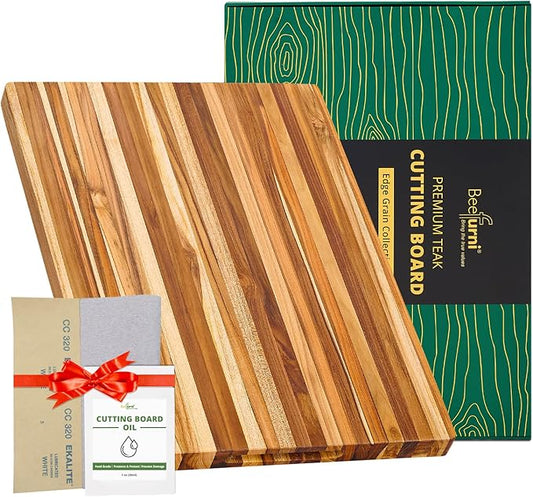 BEEFURNI Teak Wood Cutting Board with Hand Grip (XL, 24x17x1.5"), X-Large Wooden Cutting Board for Kitchen, Chopping Board Wood, Butcher Block, Charcuterie Board, Christmas Gifts, 1-Year Warranty