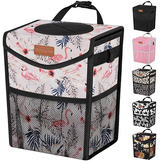 Car Trash Can with Lid, Cute Leakproof Car Trash Garbage Bag Hanging Vehicle Trash Bin Small Portable Automotive Garbage Cans Organizer for Back/Front Seat/Console(2.8 gal,Flamingo Print