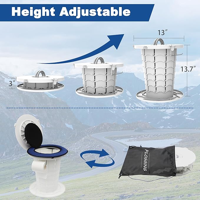 Upgraded Retractable Portable Toilet with Cushion, Adjustable Height Camping Toilets with Lid for Adults and Kids, Compact Portable Potty for Camping, Car, Travel, Boat, Tent and Emergency Use