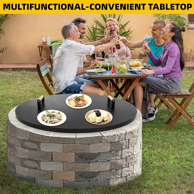 G GOOD GAIN Firepit Lid Round 36 Inch - Rust Resistant Fire Pit Lid Cover with Wooden Handle & Gloves, Fire Pit Snuffer Lid for Courtyards, Patio, Winter Cold Protection. Fits Fire Pits Up to 34"