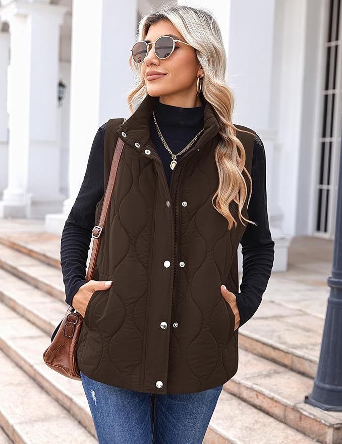 Zeagoo Puffer Vest Women Sleeveless Quilted Jacket Lightweight Snap Zip Up Stand-up Collar Down with Pockets Outerwear