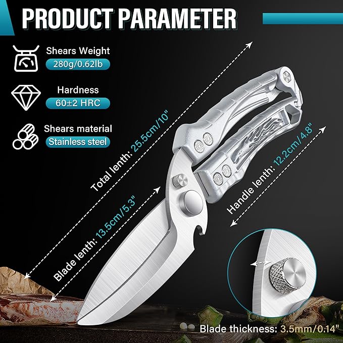 Dream Reach Kitchen Poultry Shears - Heavy Duty Detachable Meat Cutting Scissors with Serrated Edge Cooking Scissors for Thanksgiving Silver