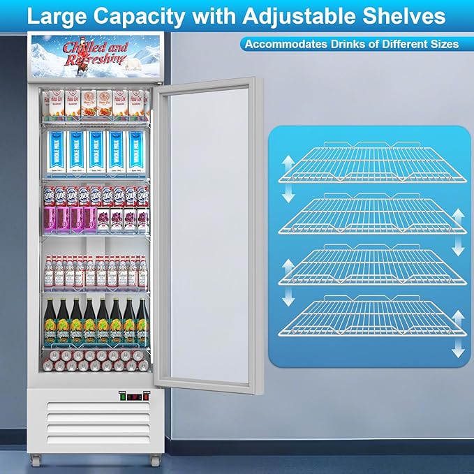 Commercial Beverage Refrigerator with Glass Door, 383L Display Fridge Beverage Cooler with Customizable Lightbox Adjustable Shelves, Drink Fridge Merchandiser for Restaurant Shop, White