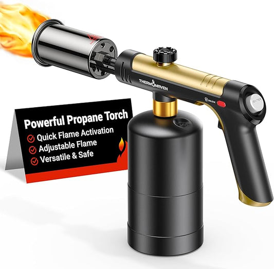 Propane Torch with One-Touch Max Fire, Cooking Blow Torch Gun with a Safety Lock, Charcoal Lighter, Flame Thrower, Kitchen Food Torch Head for Grill, Sous Vide, BBQ, Gold