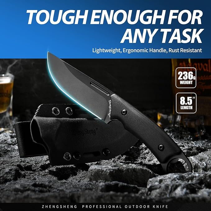 Fixed Blade Knife with Sheath, 4.0” DC53 Steel blade with Black Titanium Coating and G10 Handle Full Tang Outdoor Camping Hiking Survival Knives for Men Women