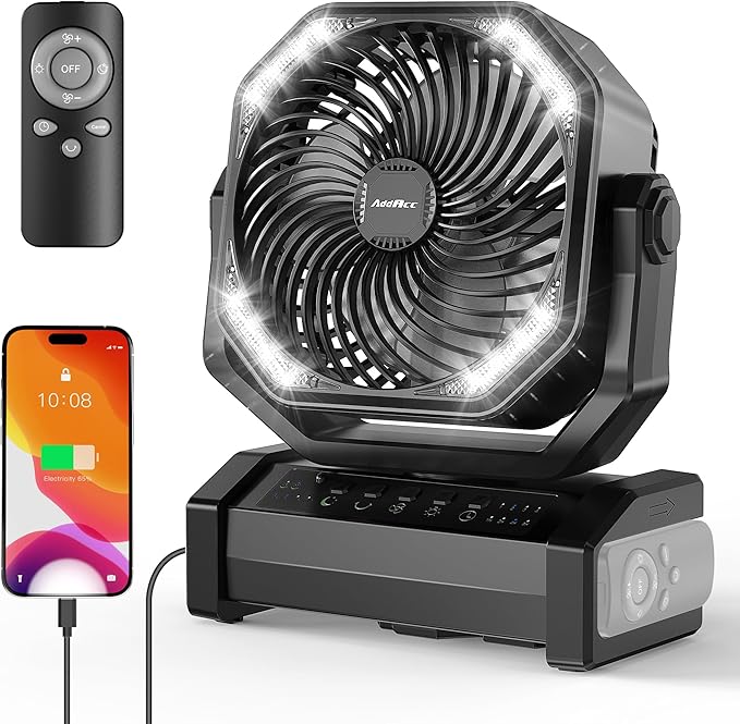 20000mAh Rechargeable Camping Fan - Battery Operated Fan with Light & Remote, Auto Oscillating, 4 Timer, 60 Hrs Work Cordless Tent Fan for Travel Outdoor RV Garage Power Outage Emergency
