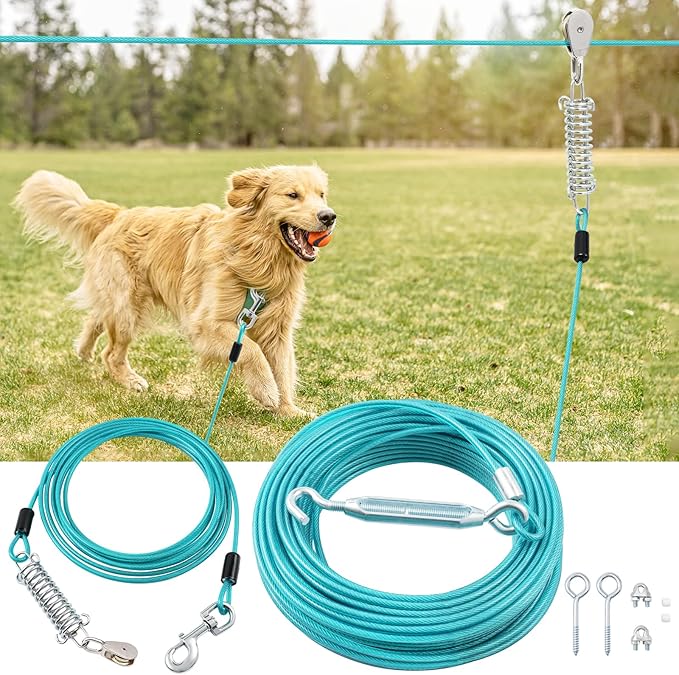 200FT Dog Runner for Yard with 10FT Tie Out Cable - Heavy Duty Trolley System for Large Dogs Up to 250LBS, Backyard/Park/Camping Use (Ice Blue, 200FT+10FT)