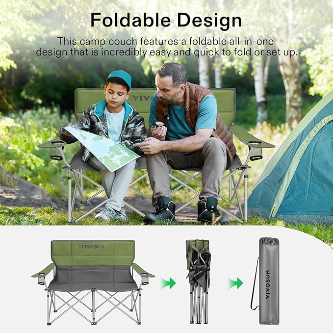 [outlets]VIVOSUN Double Camping Chair, Fully Padded Folding Loveseat, Portable Oversized Duo Chair with Storage Cup Holders, Height-adjustable Armrests & Carry Bag, Supports up to 500lbs, Green & Grey