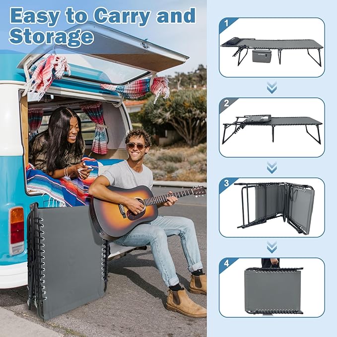 Folding Lounge Chair Outdoor with Insulated Cooler Bag Portable for Outside Patio Chaise Lounge Chair 5-Position with Pillow for Beach Sunbathing Pool Camping Lawn