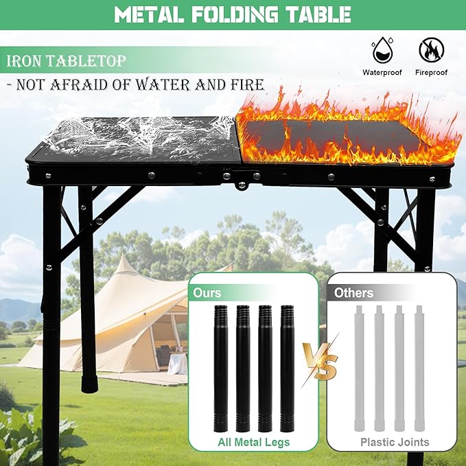 23”L×15”W×27”H Small Metal Folding Table, Picnic Camping Side Table for Outdoor Garden Patio - Portable Lightweight, Compact & Height Adjustable Grill Stand BBQ