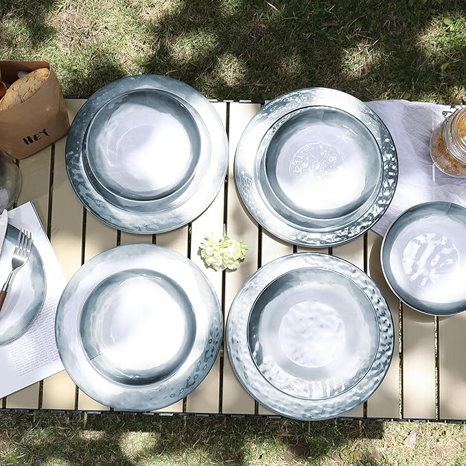 Melamine Dinnerware Sets-12 Pieces Outdoor Plates and Bowls Set for 4, Durable Dinner Plates for Camping Picnics Party, Chip Resistant Dishes, Grey Blue, Dishwasher Safe