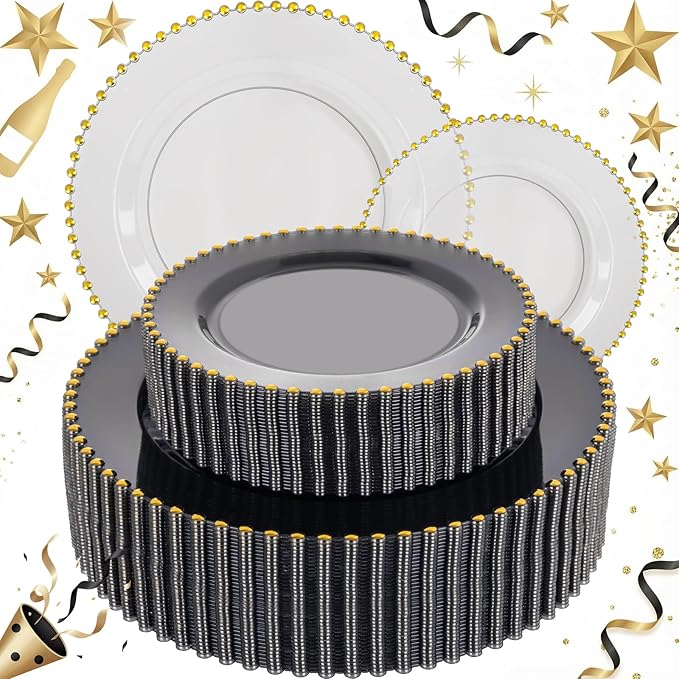 EI 60pcs Black and Gold Plastic Plates Clear with Black Disposable Plates Heavy Duty Gold Plastic Dinnerware Set For 30 Guests Perfect Wedding,Party,Birthday,Anniversary,Christmas,New Year