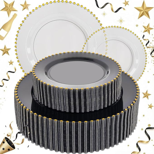 EI 60pcs Black and Gold Plastic Plates Clear with Black Disposable Plates Heavy Duty Gold Plastic Dinnerware Set For 30 Guests Perfect Wedding,Party,Birthday,Anniversary,Christmas,New Year