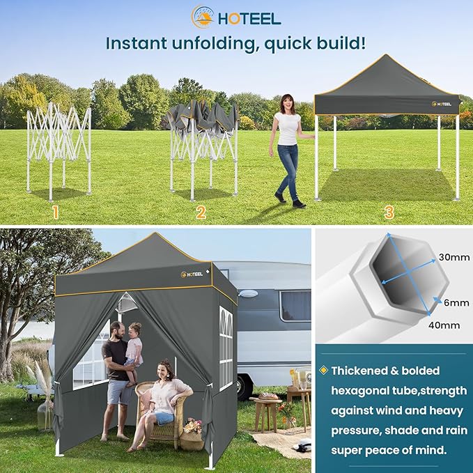 Hoteel 6.6 x 6.6 Pop up Canopy,Easy Up Heavy Duty Canopy with 4 Sidewalls,Upgrade Hexagonal Tube UPF50+ 1500mm Waterproof,Outdoor Canopy Tent with Carry Bag for Commercial Events,Beach,Camping,Grey