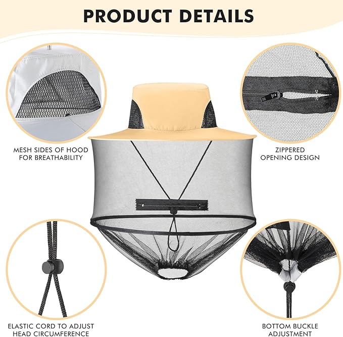 Sureio 6 Pcs Mosquito Net Hat with Zipper, Sun Netting Cap Beekeeping Fly Protection Mesh Mask Hat Mosquito Face Cover for Men Women Outdoor Lovers Fishing Hiking Gardening Camping Beekeeping