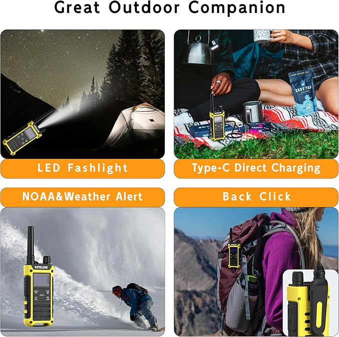 T3F IP67 Waterproof Walkie Talkies, Rugged Two Way Radio with Earpiece, Triple Proof, Three Charging Options, FRS 2 Way Radio, NOAA, VOX (6 Pack), Black/Yellow