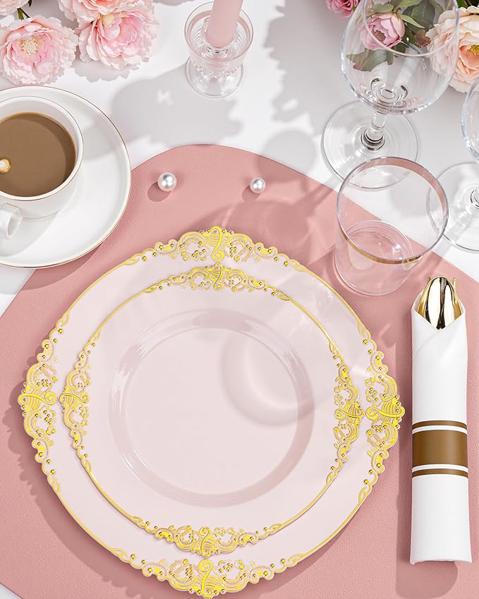 Nervure 100PCS Pink and Gold Plastic Plates - 7.5 inch Pink Plastic Plates with Gold Rim - Disposable Dessert Plate for Wedding & Party & New Year