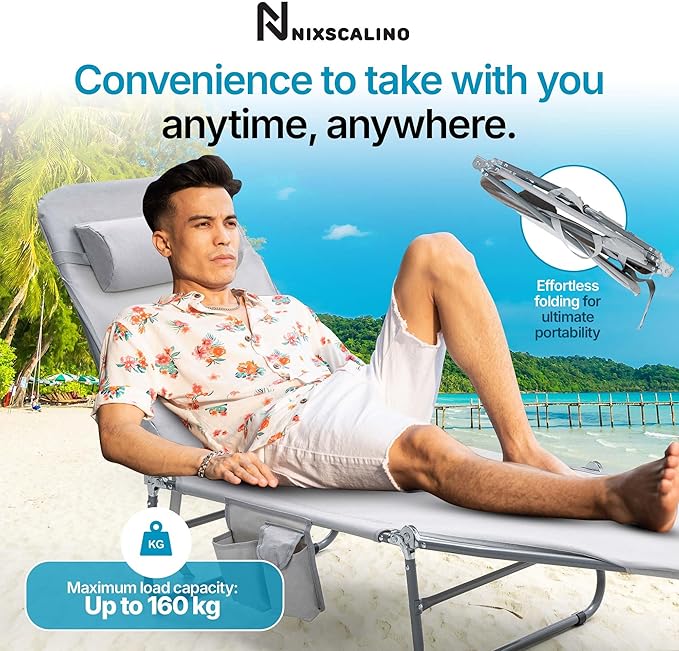 NIXSCALINO Lounge Chair | Adjustable Recliner with Foldable Leg Part | Lightweight Aluminum Frame | Ergonomic Cushioning | cot for Camp | Perfectly Suite for Beach, Outdoor Camping