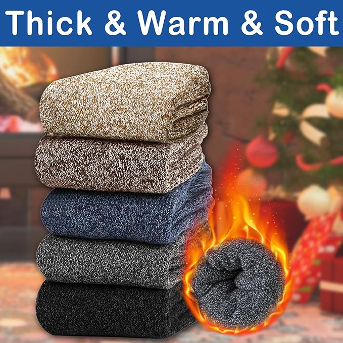 Josnown 5 Pairs Wool Socks Mens, Thick Warm Winter Thermal Cozy Boot Socks