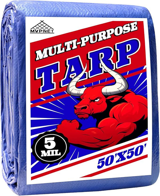 Tarp 50x50 ft 100% Waterproof Uv Resistant High Durability Multipurpose 5mil Blue Tarp for Covering Courtyards, Cars, Camping, Gardens, Pet Nests -by MVPNET