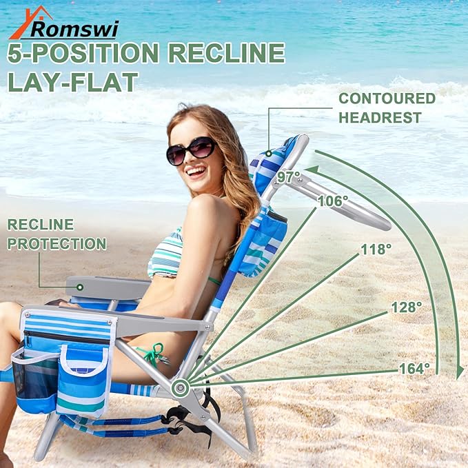 2Pk Aluminum 5-Position Lay Flat Folding Backpack Beach Chairs for Adults with Cooler Bag, Cup&Phone Holder, Towel Bar for Outdoor Lawn Picnic Sport, Portable Foldable Camping Chairs, Multi Stripes