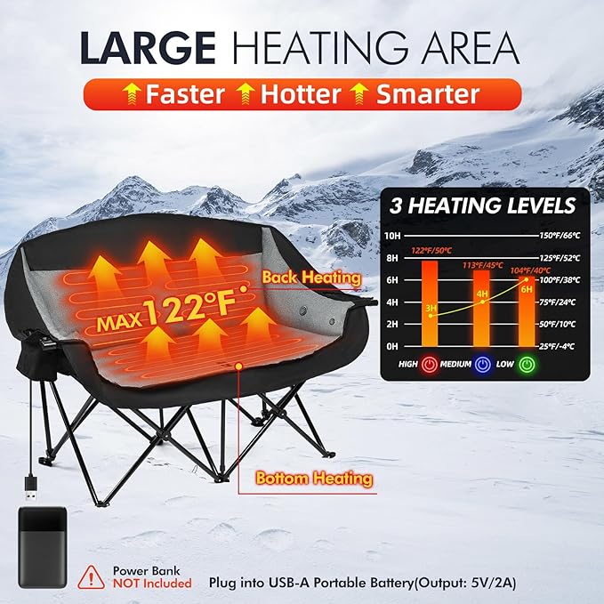 Heated Double Camping Chair - Heated Loveseat Chair for 2 Person Heavy Duty Oversized Padded Camping Couch for Adults Outdoor Sports Lawn Portable Folding Chairs